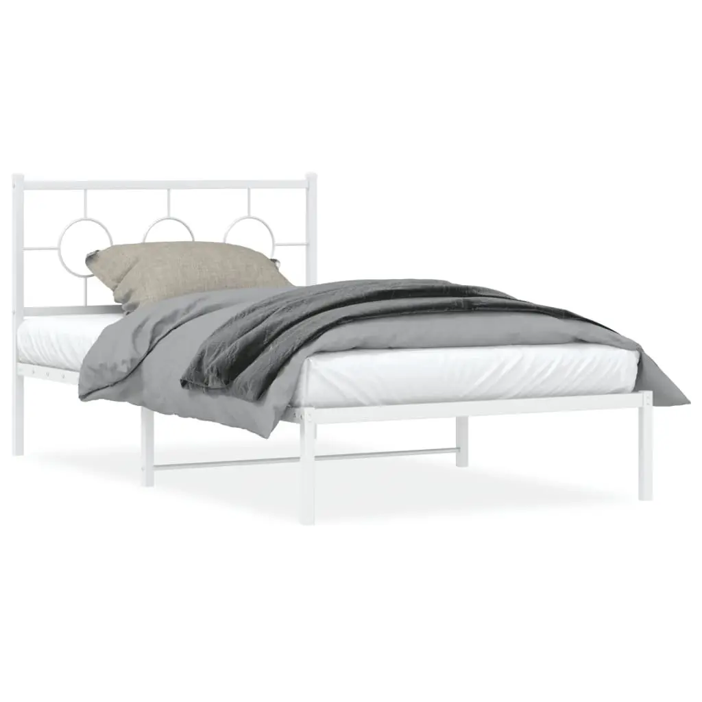 Metal Bed Frame King Single 107x203cm Headboard White Slatted Base Storage