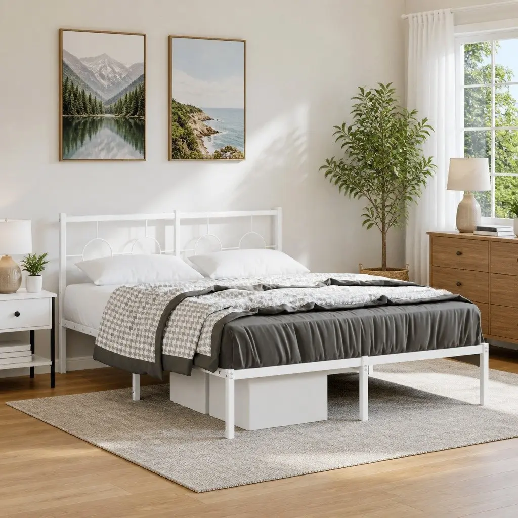 Metal Bed Frame Powder-coated Steel 135x190 cm White Slatted Base