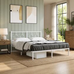 Durable White Metal Bed Frame 150x200 cm with Headboard