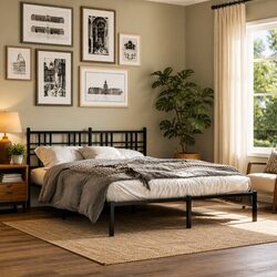 Black Metal Bed Frame with Headboard 150x200 cm