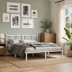Sturdy White Metal Bed Frame 150x200 cm with Headboard