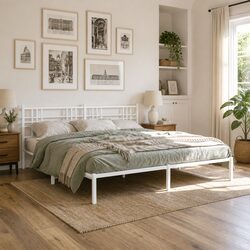 King Size Metal Bed Frame 183x203cm with White Headboard