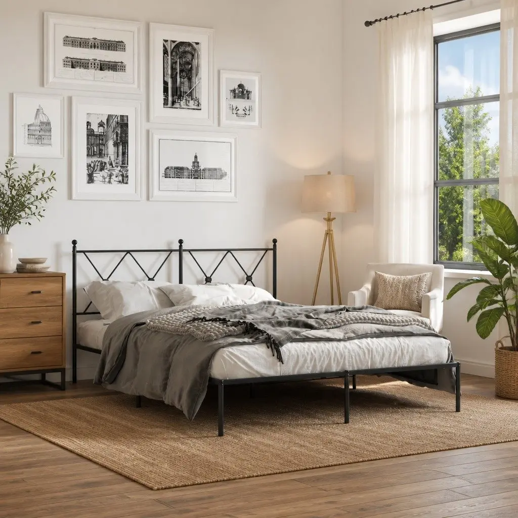 Metal Bed Frame Powder-coated Steel 135x190 cm Black with Headboard Slatted Base