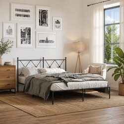 Elegant Black Metal Bed Frame 135x190 cm with Headboard