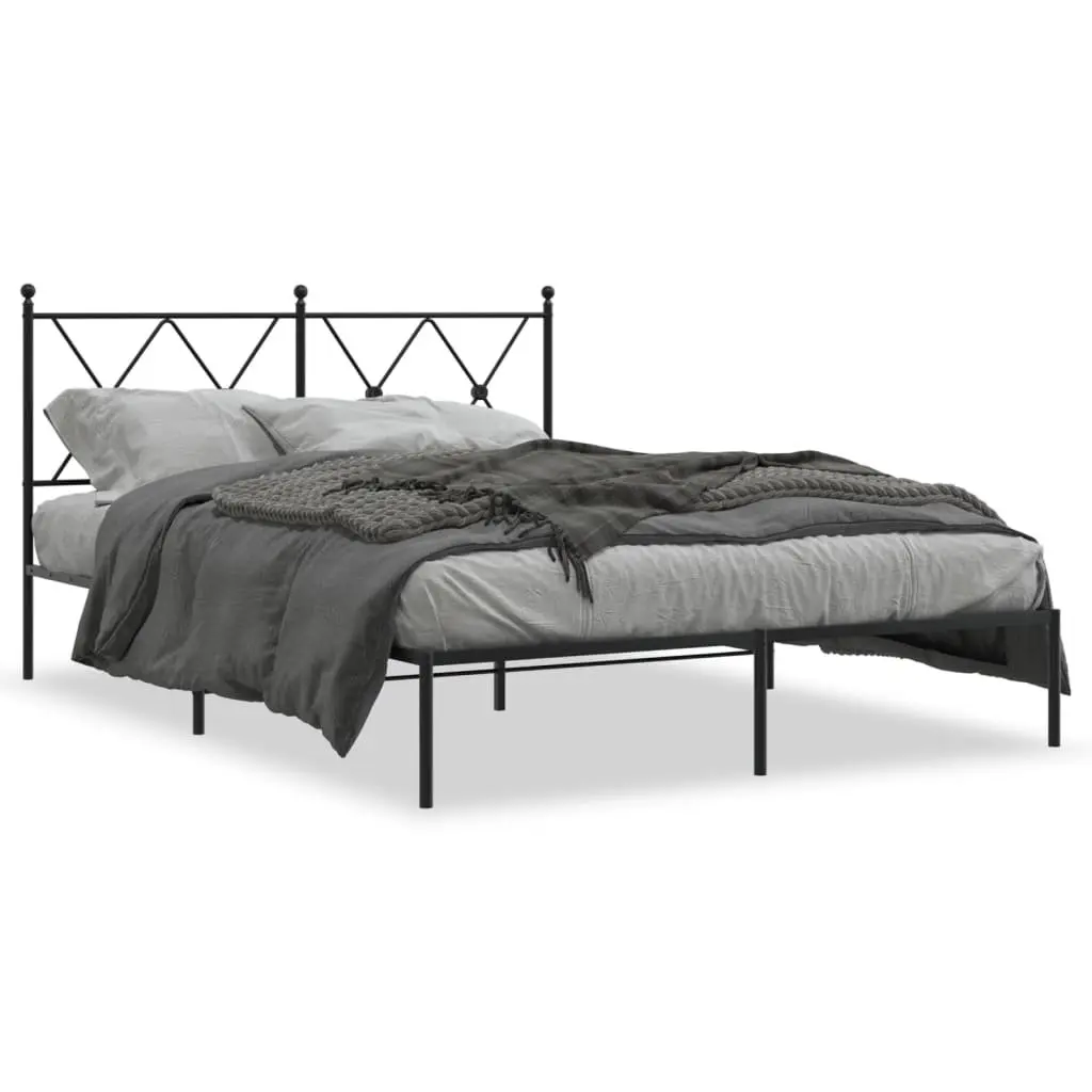Metal Bed Frame Powder-coated Steel 135x190 cm Black with Headboard Slatted Base