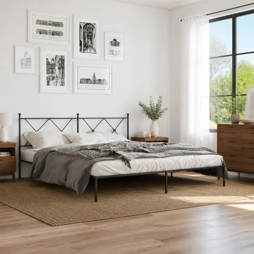 Metal Bed Frame King Size with Headboard and Storage Space Black 183x203cm