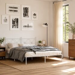 Durable White Metal Bed Frame with Headboard 150x200 cm