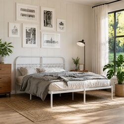 Sturdy White Metal Bed Frame with Headboard 150x200 cm