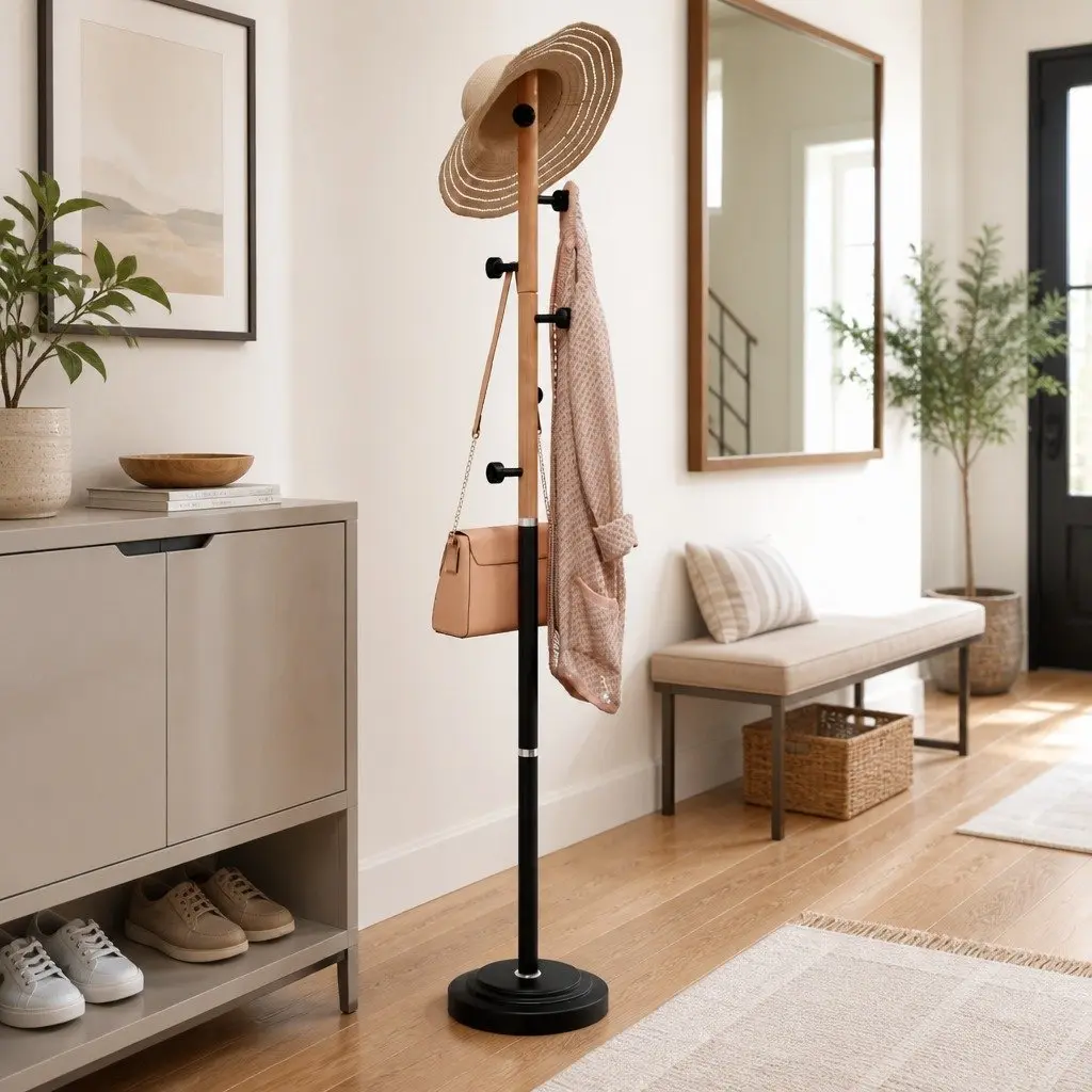 Coat Stand 177cm Sturdy Black Iron Beech Wood Storage Rack with 6 Hooks for Organising Coats Hats Bags in Hallway Living Room Bedroom