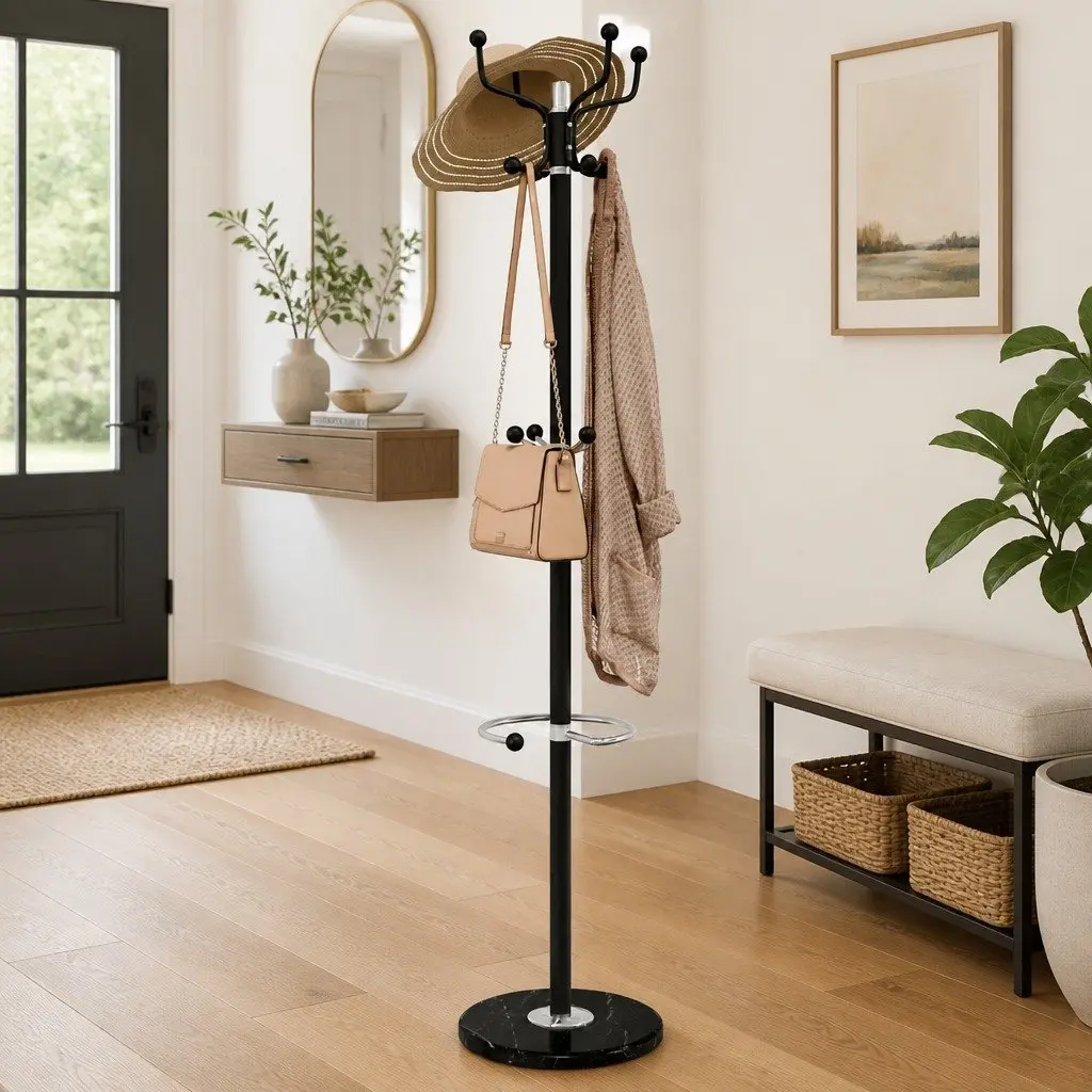 Coat Stand Powder-coated Iron 180cm Black with Umbrella Holder 12 Hooks