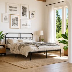 Sturdy Metal Bed Frame 150x200 cm with Headboard - Black