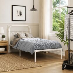 Durable White Metal Bed Frame 90x190 cm with Headboard