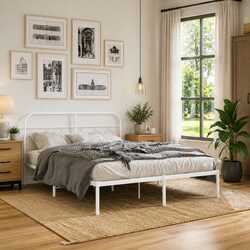 Metal Bed Frame 135x190 cm White Headboard Steel Slats Support Storage Space
