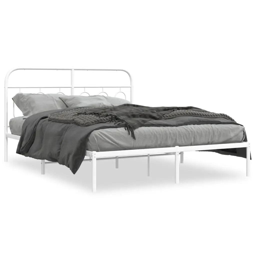White Metal Bed Frame with Headboard 135x190 cm