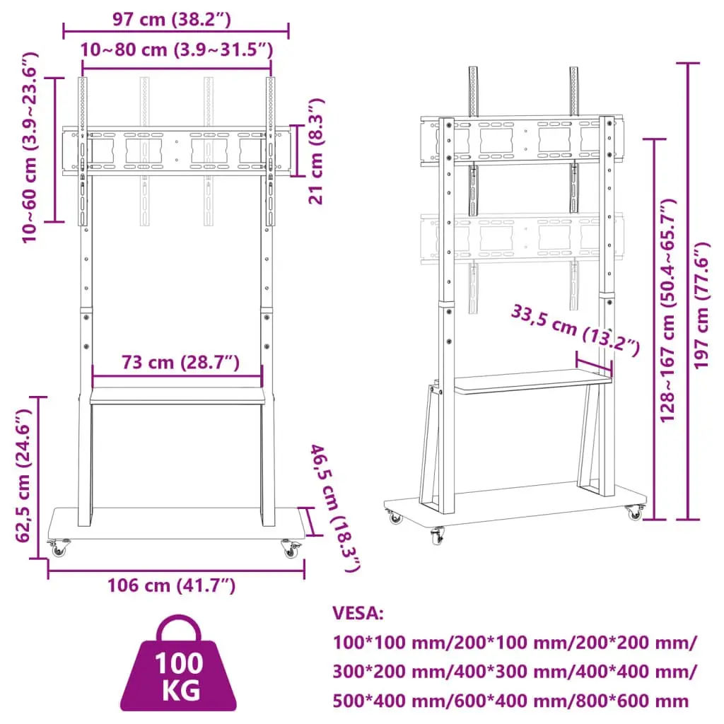 TV Stand on Wheels Steel Height Adjustable 32-90 Inch Black