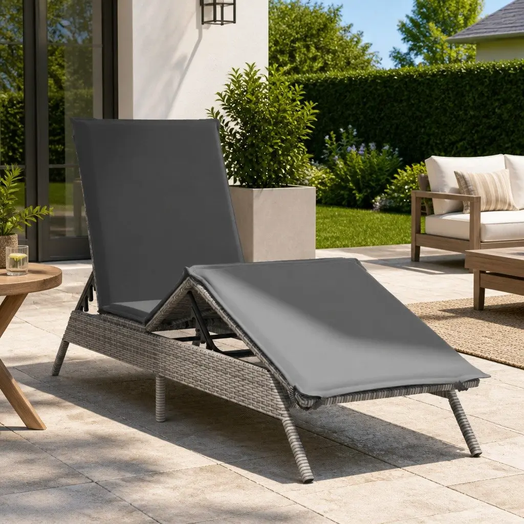 Sun Lounger PE Rattan Adjustable Backrest Footrest Grey