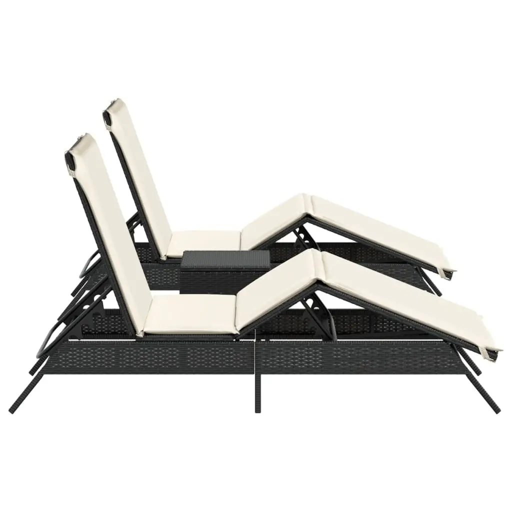 Sun Loungers Set PE Rattan Steel Frame Adjustable Black 2 Piece Outdoor Garden Recliner Chair with Side Table