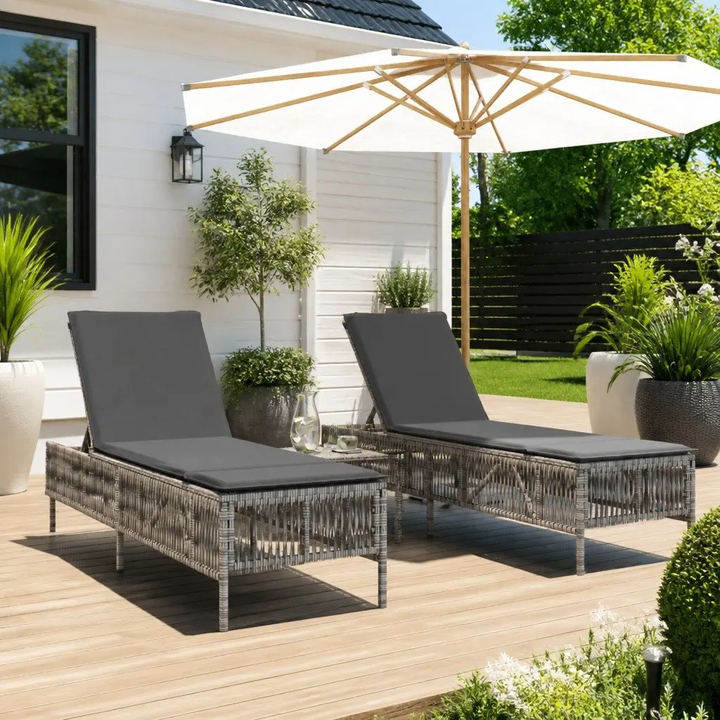 Sun Loungers Set 2 pcs Grey Outdoor Garden Furniture with Table Adjustable