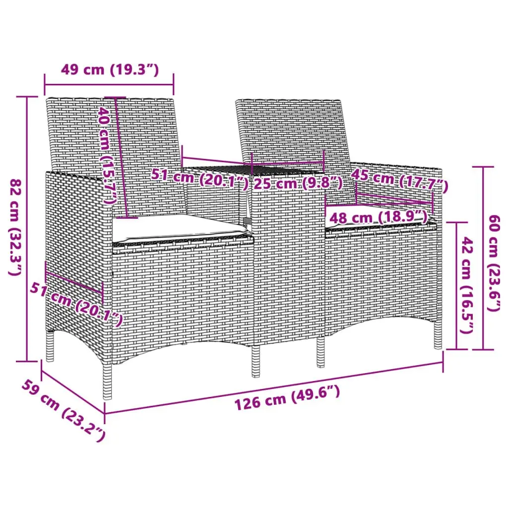 2-Seater Outdoor Sofa with Integrated Table in Black