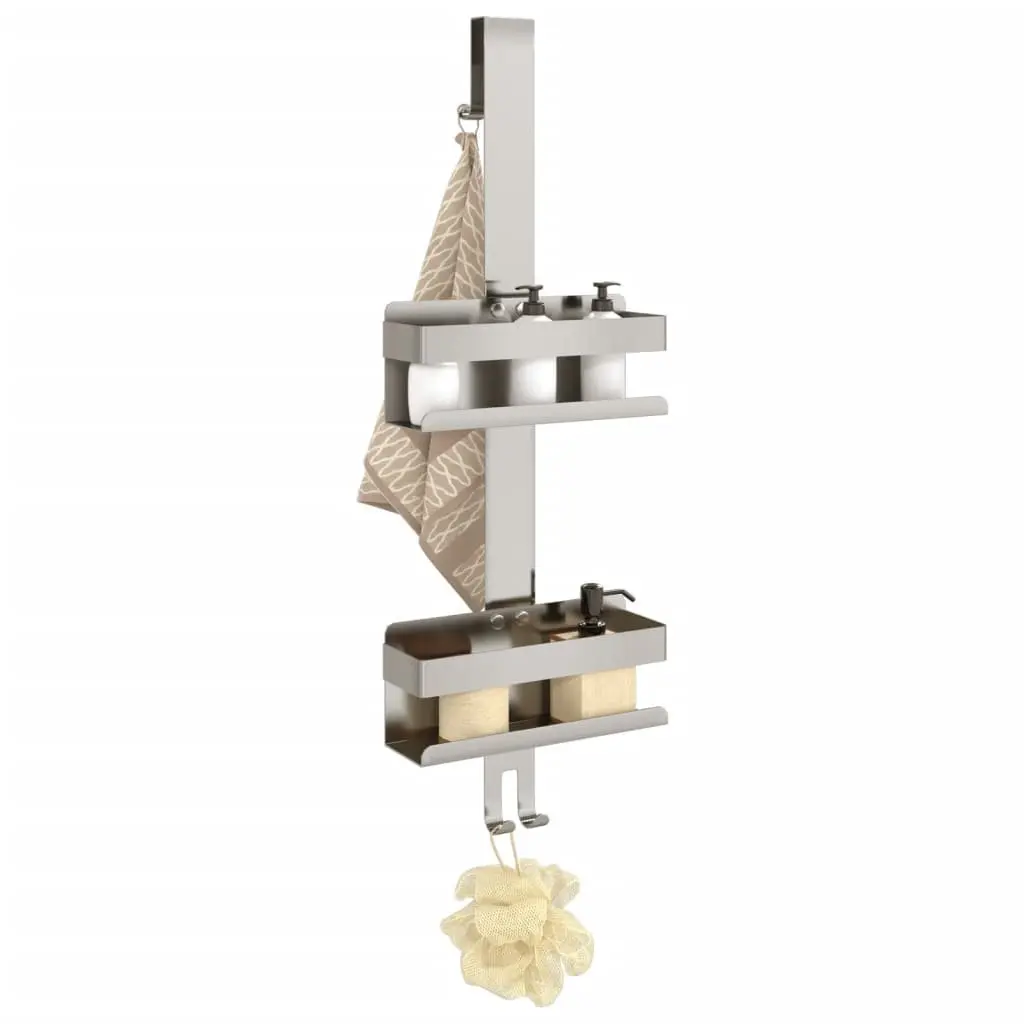 Hanging Shower Caddy with Storage Basket Organizer Towel Hooks Silver Bathroom