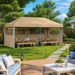 Durable Beige Foldable Pop-Up Party Tent with 3 Sidewalls