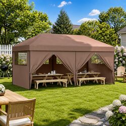 Durable Foldable Pop-Up Tent with 4 Sidewalls in Brown