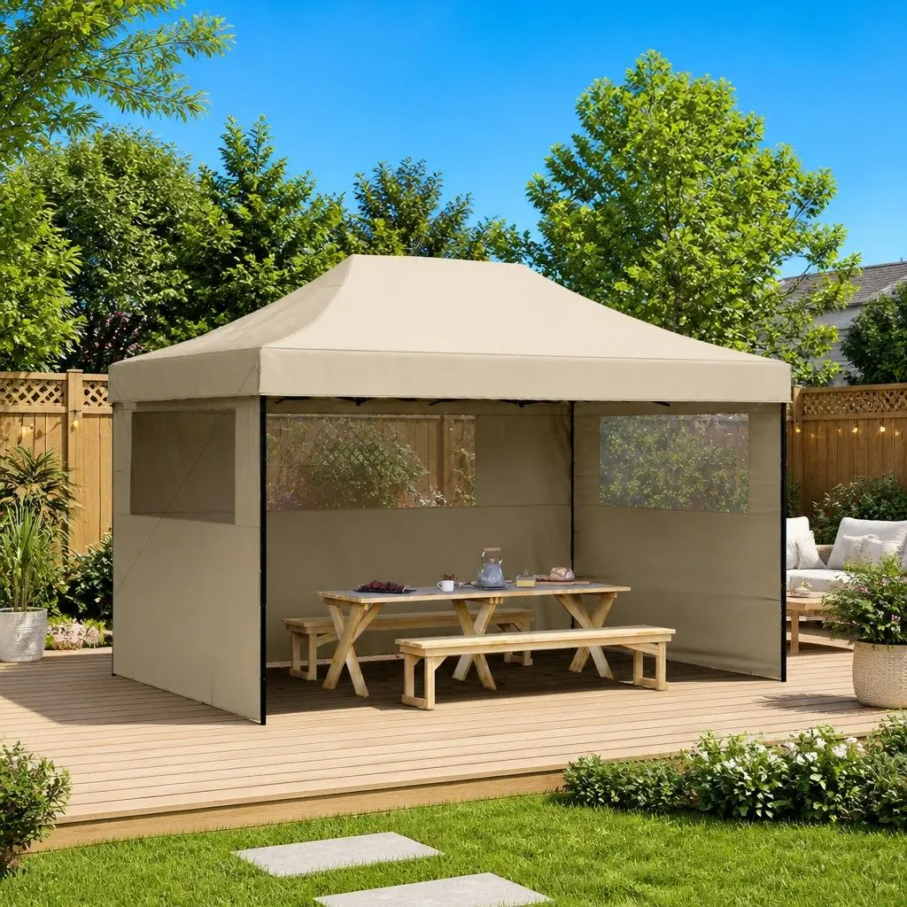 Pop-Up Party Tent Oxford Fabric 3 Sidewalls Clear Windows Outdoor Gazebo Taupe