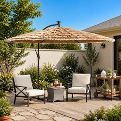 Brown Garden Parasol with LED Lights and Steel Pole