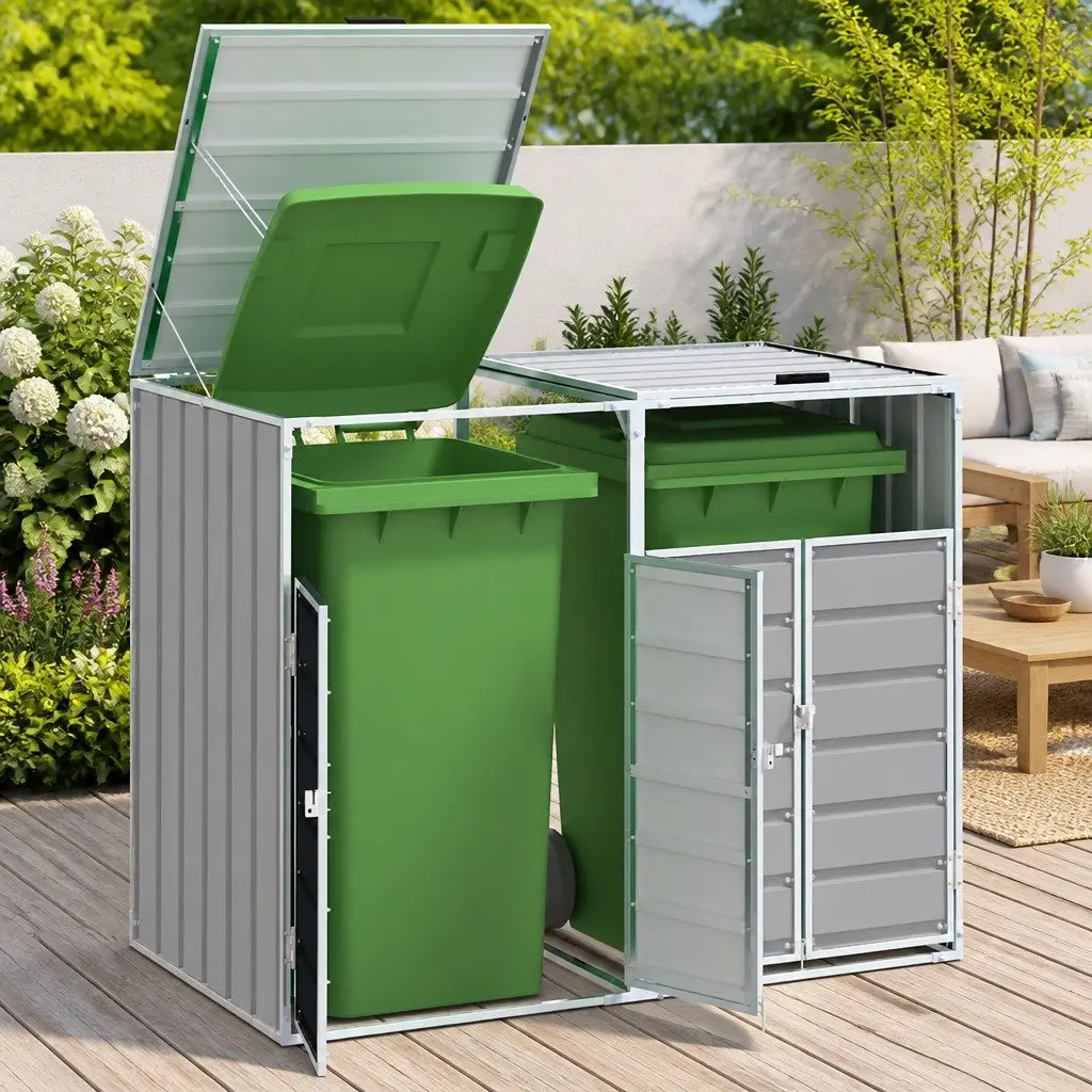Steel Double Wheelie Bin Storage Grey Enclosure