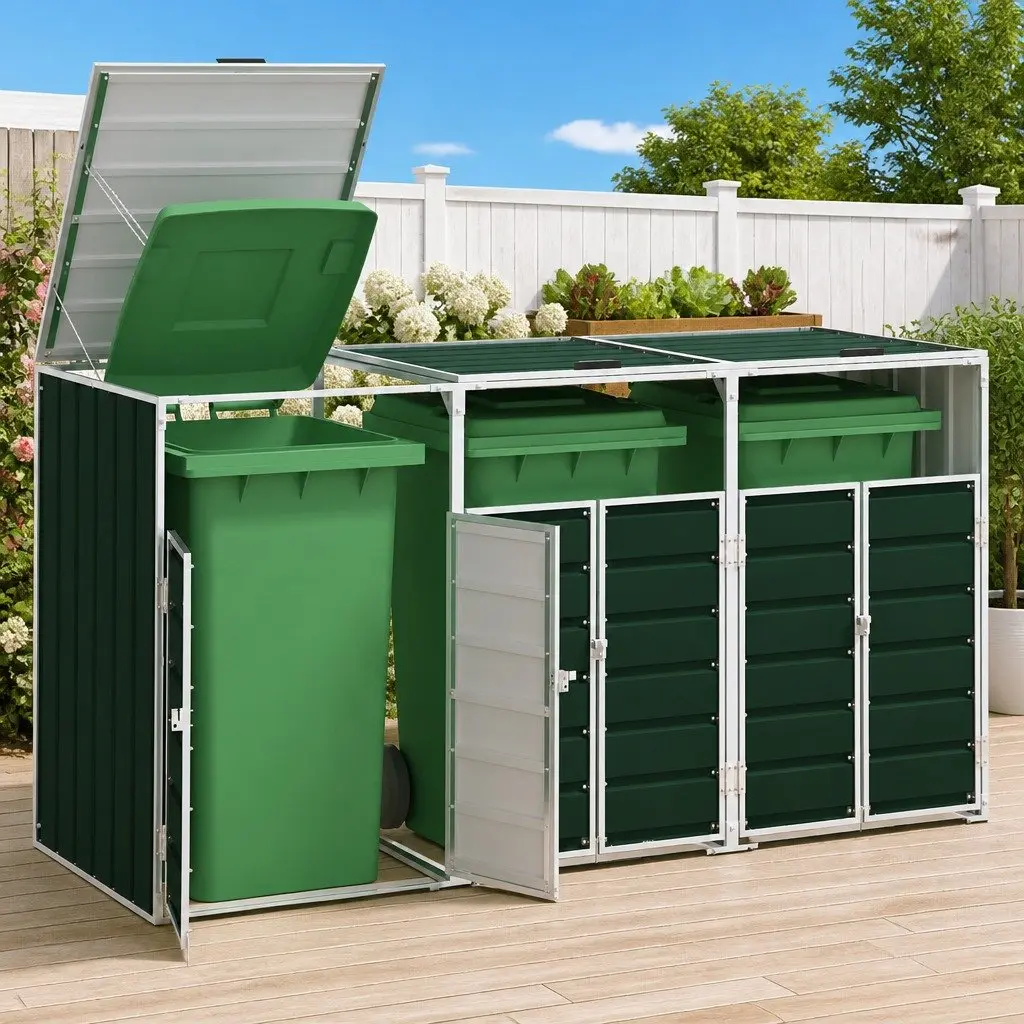 Green Triple Wheelie Bin Storage for Outdoor Waste