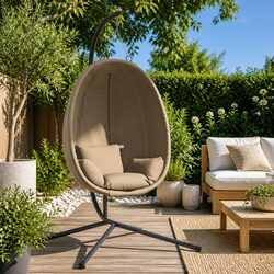 Durable Steel Frame Hanging Egg Chair with Taupe Fabric