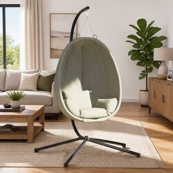 Beige Fabric Hanging Egg Chair with Sturdy Steel Stand