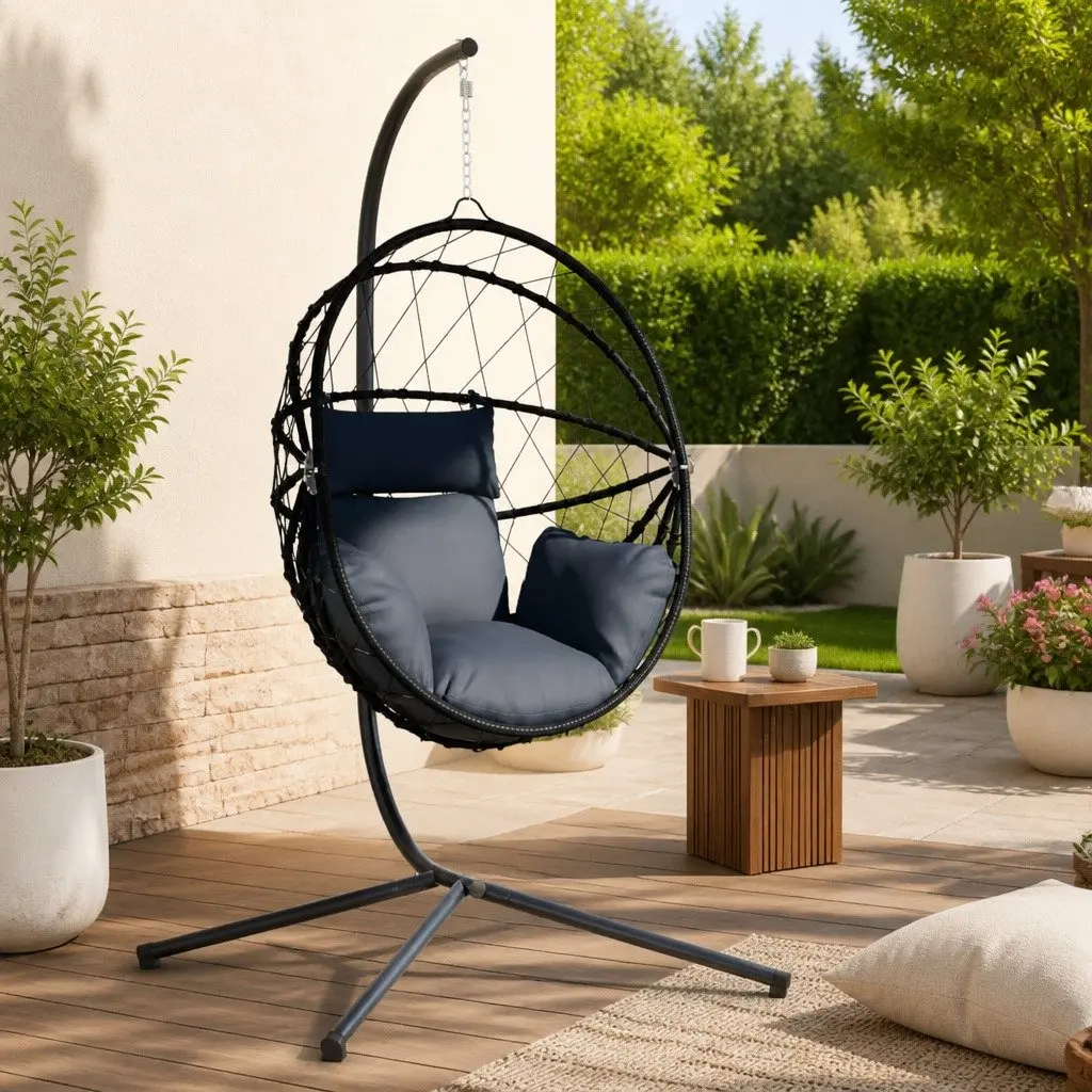 Hanging Egg Chair Rattan Steel Frame Anthracite
