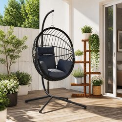 Sturdy Anthracite Rattan Hanging Egg Chair with Steel Frame
