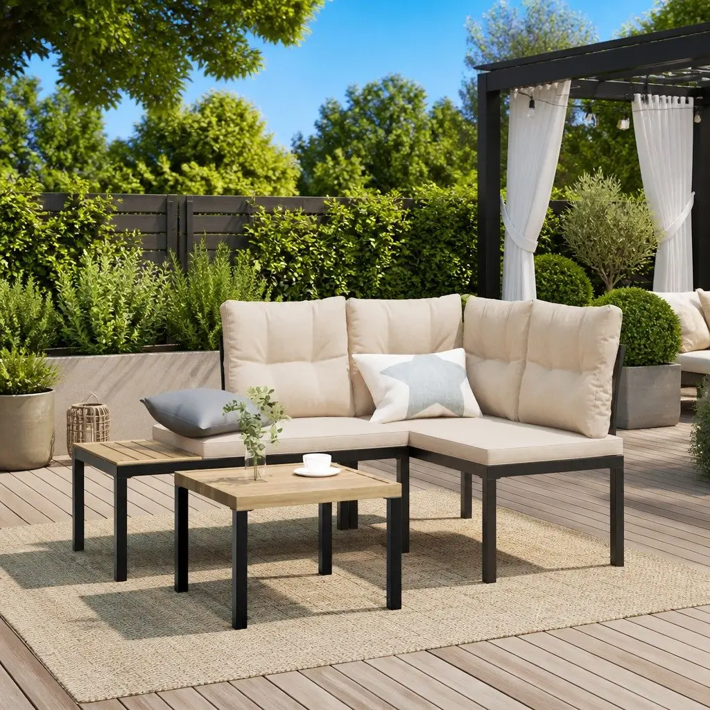Garden Benches Black Powder-coated Steel Frame Cushioned Patio Seating 2 pcs