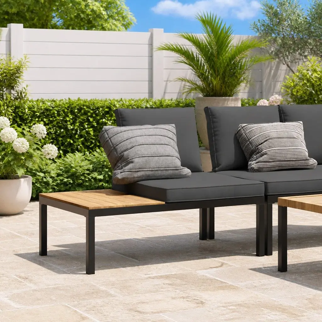 Black Aluminium Garden Bench with Cushions & Side Table