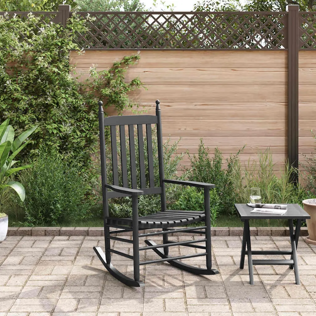Rocking Chair Poplar Wood Black High Back Curved Seat Indoor Outdoor
