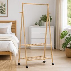 Sturdy Bamboo Clothes Rack with Wheels and Shelves