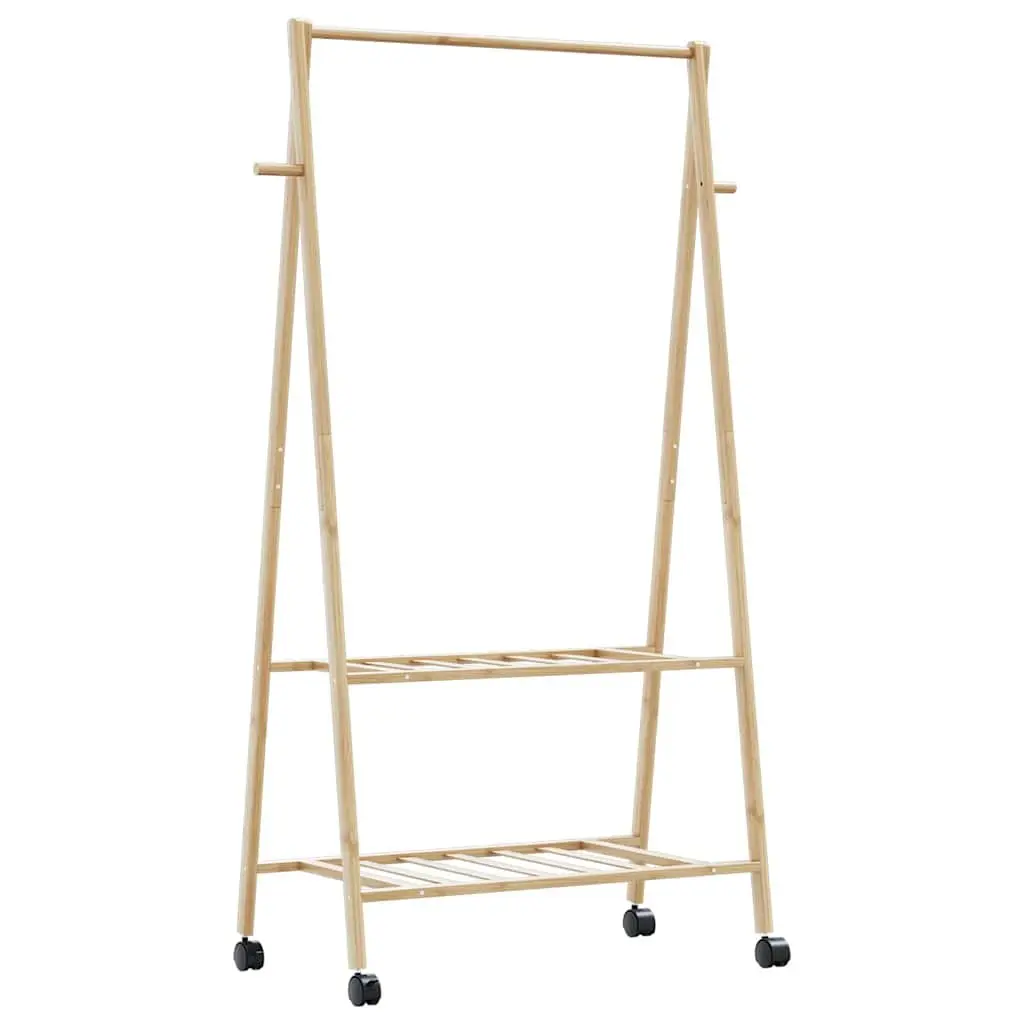 Bamboo Clothes Rack with Wheels and Shelves