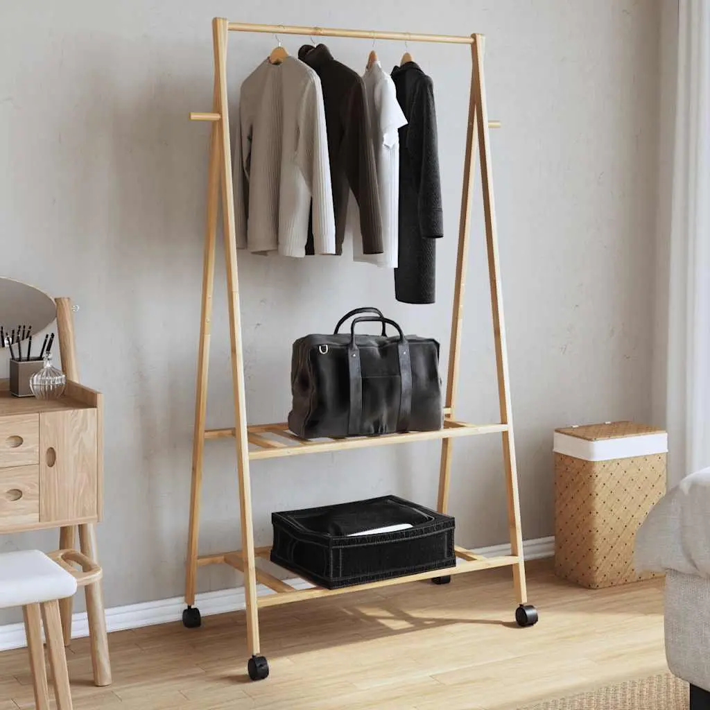 Bamboo Clothes Rack with Wheels and Shelves