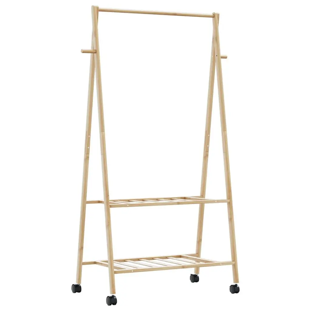 Bamboo Clothes Rack with Wheels and Shelves