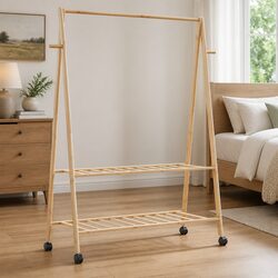 Sturdy Brown Bamboo Clothes Rack with Shelves and Wheels