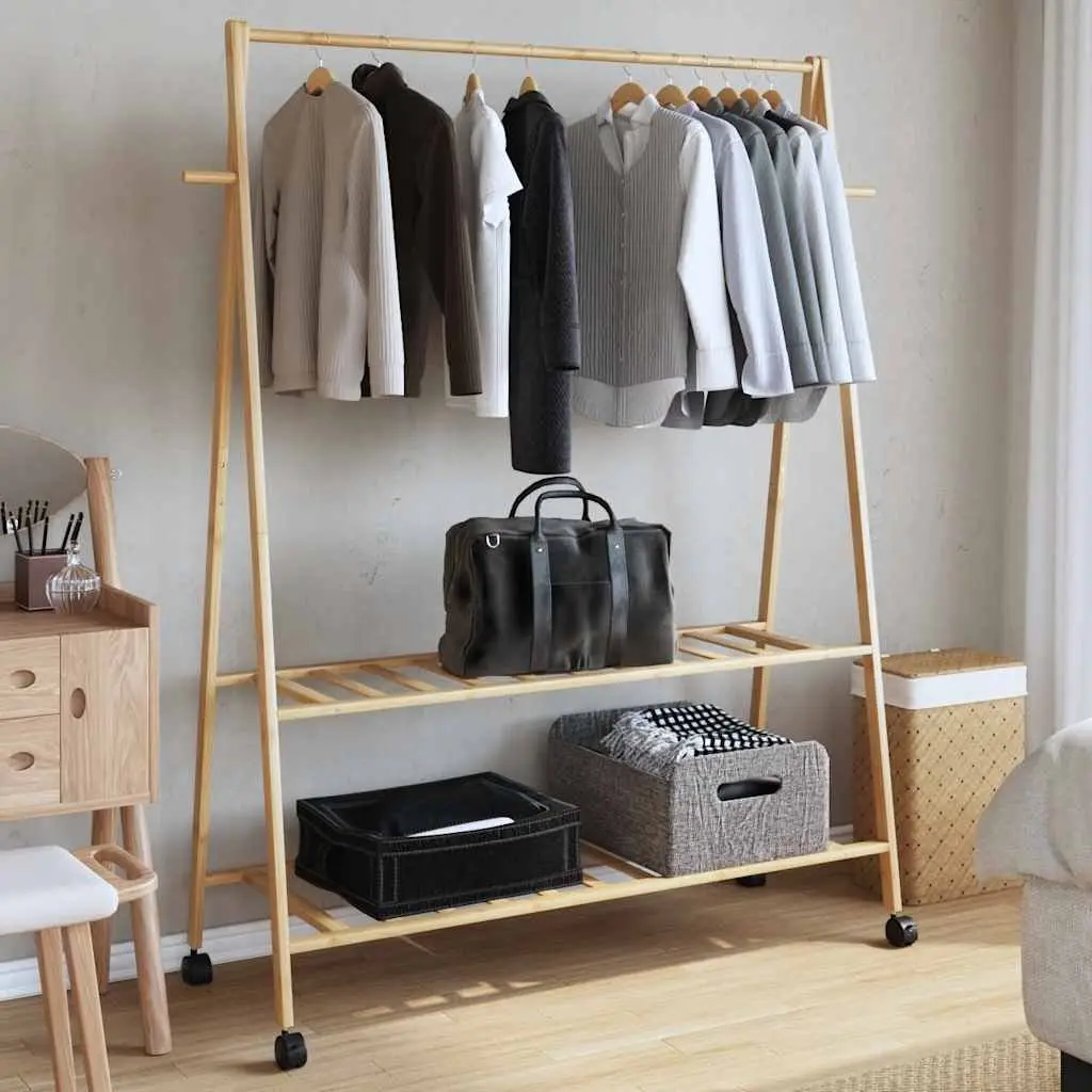 Brown Bamboo Clothes Rack with Shelves and Wheels