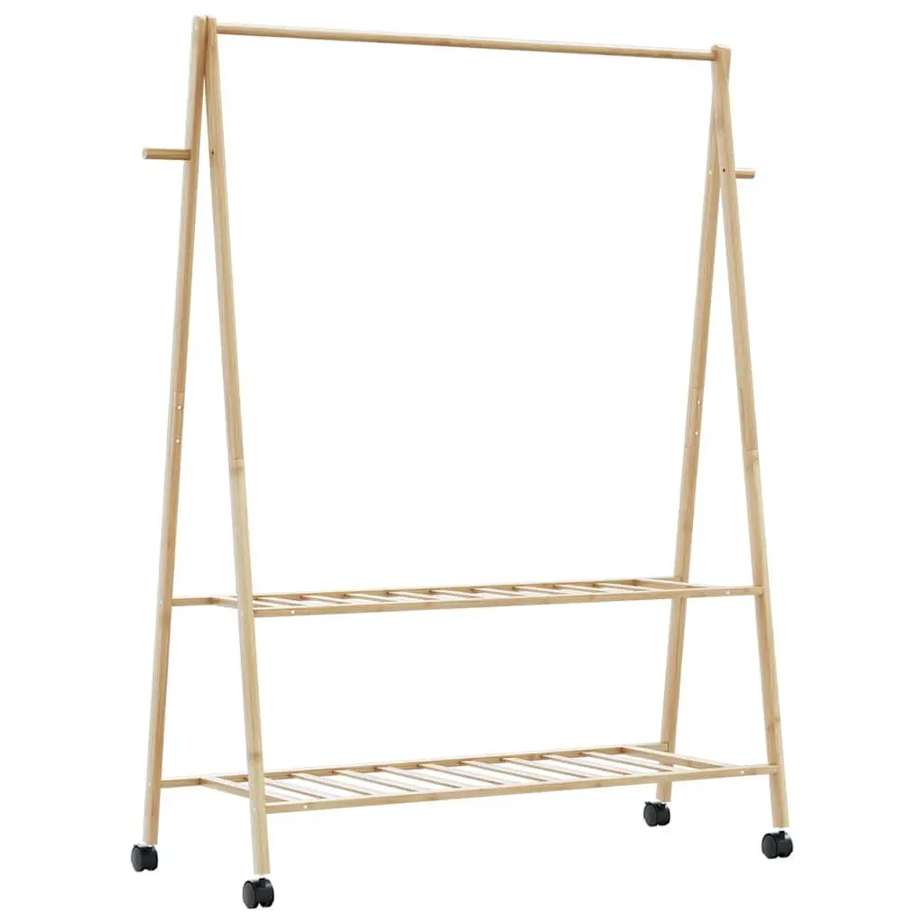 Brown Bamboo Clothes Rack with Shelves and Wheels