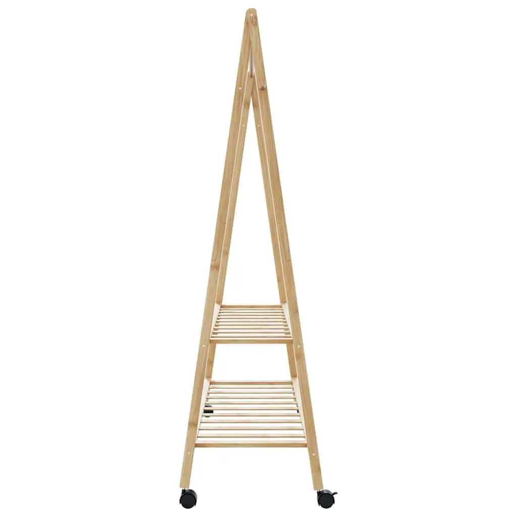 Brown Bamboo Clothes Rack with Shelves and Wheels