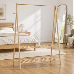 Foldable Bamboo Clothes Rack with Shelves for Storage
