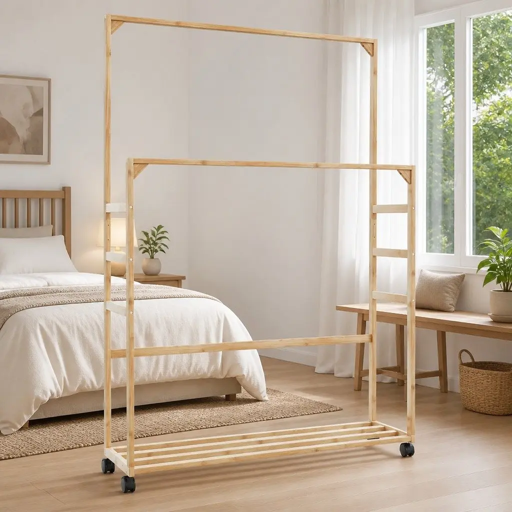 Bamboo Clothes Rack with Shelves and Wheels