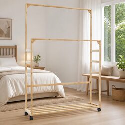 Bamboo Clothes Rack with Shelves Wheels Brown 90x35x155cm Garment Storage