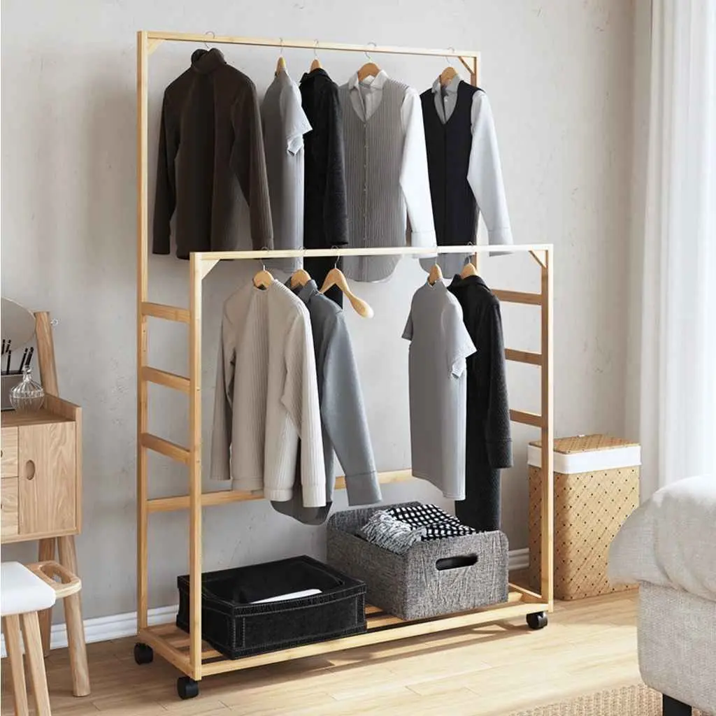 Bamboo Clothes Rack with Shelves and Wheels