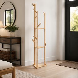 Sturdy Bamboo Coat Stand with Hooks and Shelves